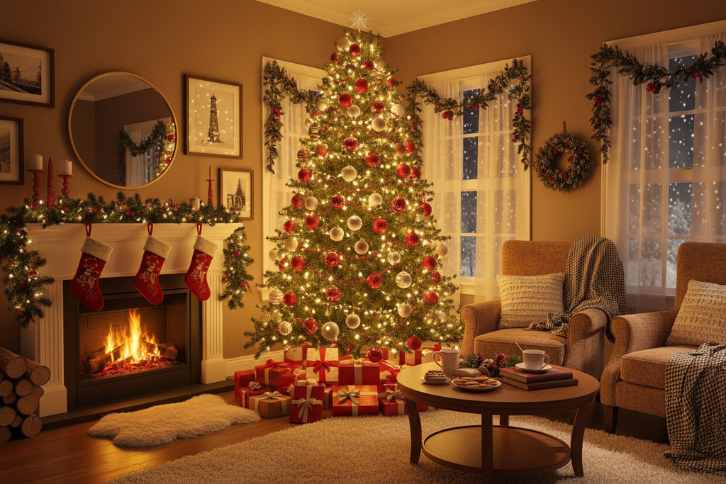 sapin de noel dans une maison chaleureuse avec des guirlande led warm white et des guirlande boule rouge et blanc