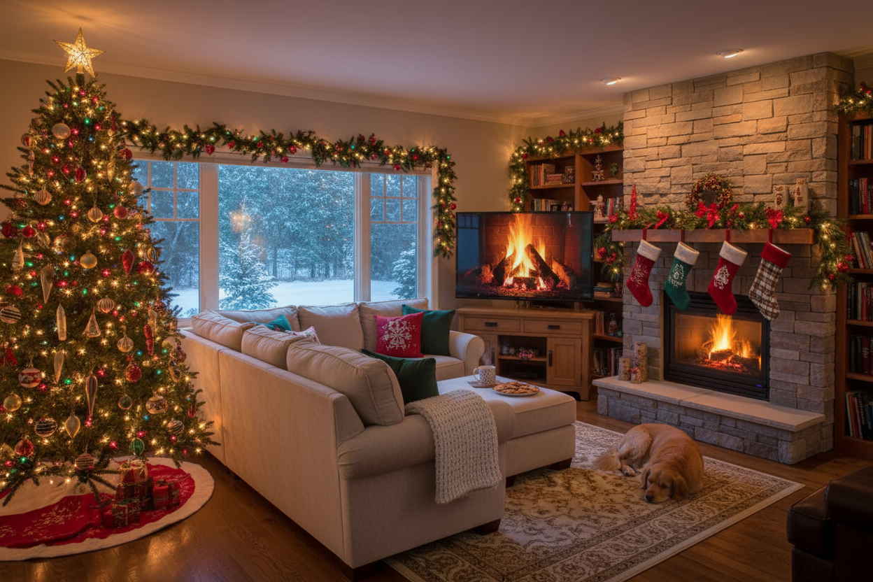 un salon de noel avec un sapin rempli de guirlandes led, une cheminé, un canapé, une tele 